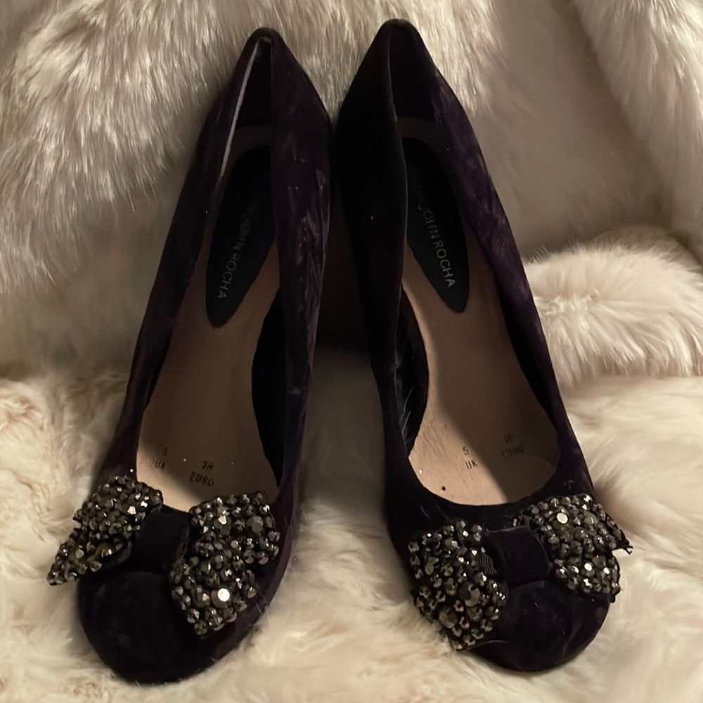 Dark Purple Satin platform heels with glitter bows